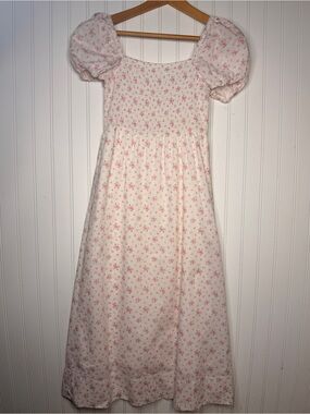 Juniors' Cottage Core Pink Floral Puff-Sleeve Midi Dress with Smocking, Size XS